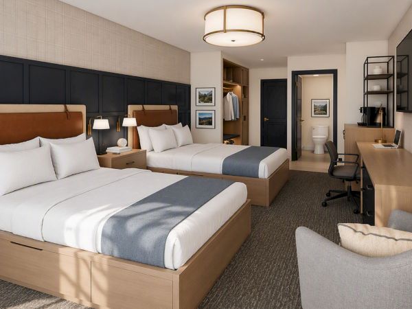 Modern hotel room with two beds, dark headboards, a desk with laptop, coffee setup, and a ceiling lamp overhead.