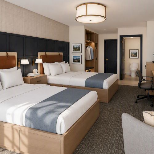 A modern hotel room with two beds, bedside lamps, a desk with chair, shelves, and a small seating area.