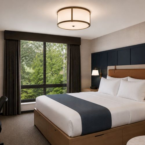 A modern bedroom with a large bed, bedside lamps, dark wall paneling, and a window with curtains overlooking green trees.