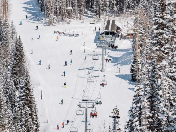 A snowy ski resort with skiers on the slopes and a chairlift running past trees, with a cabin at the side.