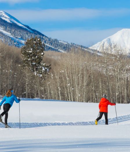 Two people cross-country ski across a snowy field with pine trees and snowy mountains in the background.