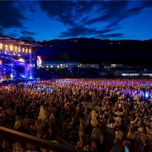 A packed outdoor concert at night with a brightly lit stage, thousands of fans, and a twilight-blue sky.
