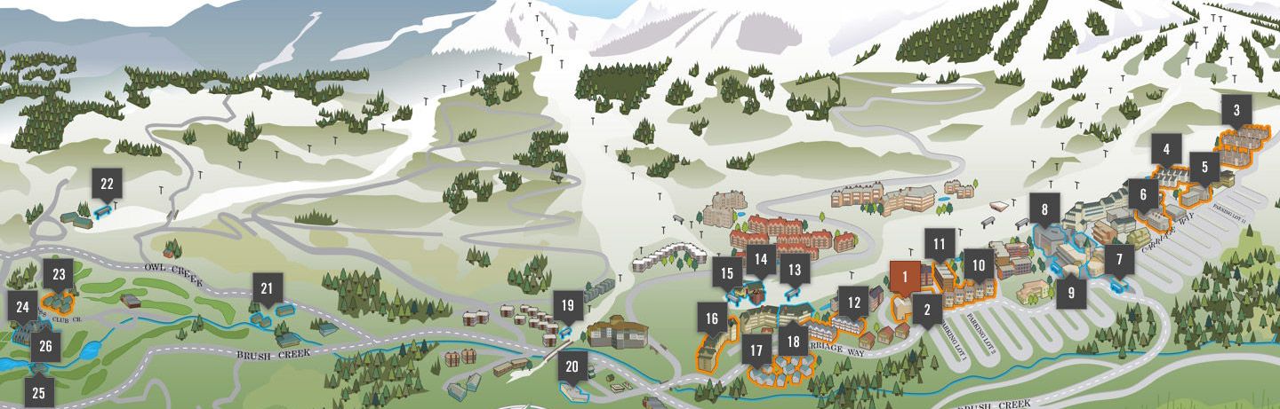 A labeled theme-park map showing rides, roads, forests, mountains, and a coaster route with numbered attractions.