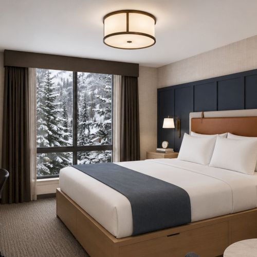 A modern hotel bedroom with a large bed, warm lamps, and a window showing snowy pine trees, all in a cozy suite.