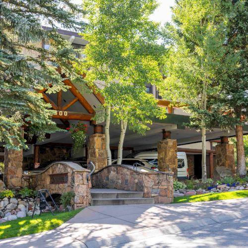 A sunny garden courtyard with tall trees, a stone wall fountain, flowers, and a building entrance in the background.