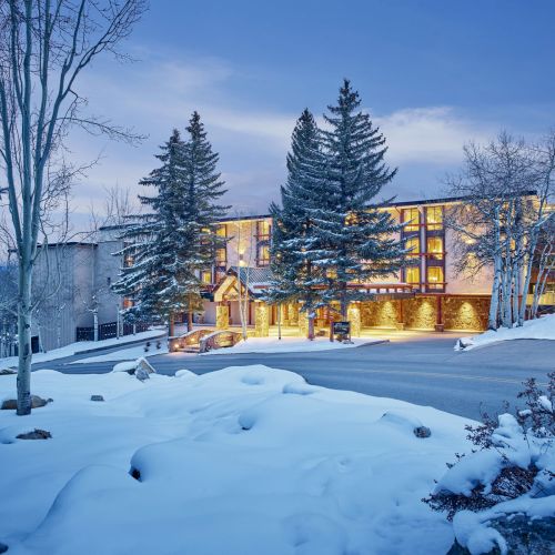 Snowy winter scene with tall evergreens and a warmly lit lodge glowing at dusk beside fresh snow-covered grounds.